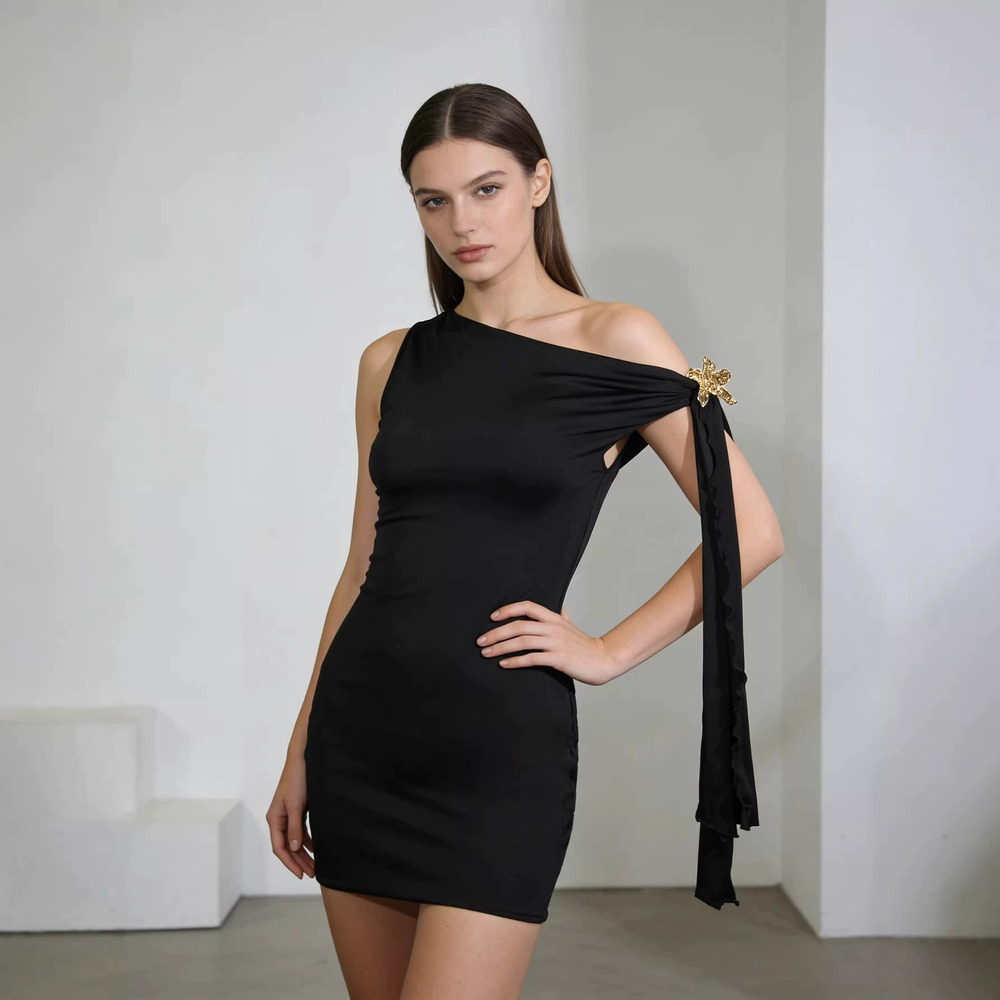 H&M Off Shoulder Ribbon Bodycon Mini Dress Black Sexy Slim Fit - Picture 1 of 6